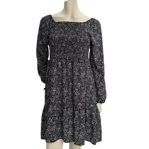 Devoted Black White Dress Floral Smocked Prairie Romantic Peasant Boho Womens M